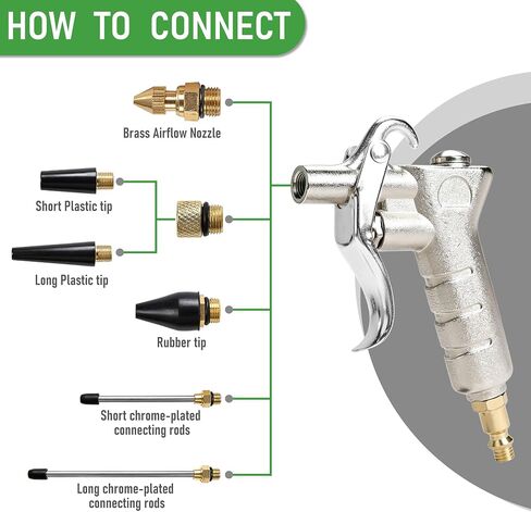 Industrial Air Blow Gun Kit with Adjustable Brass Nozzle, 2 Steel Extension Wands, Pneumatic Air Compressor Accessory for Dust Removal, Car Cleaning & Blower Cleaning in Kuwait