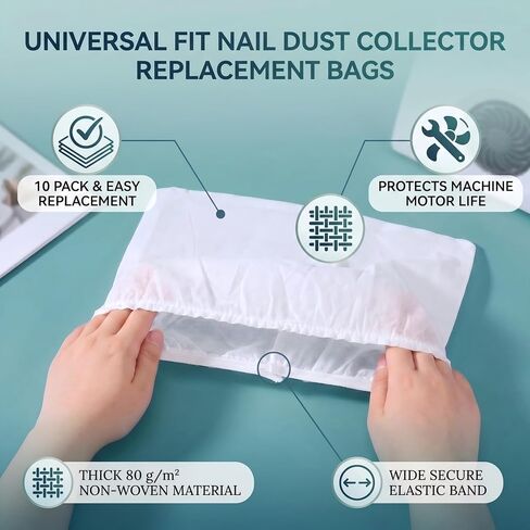 10Pcs Non-Woven Nail Art Dust Collector Bags, Reusable Nail Dust Suction Collector Sheets, Super Wide Vacuum Replacement Bags, Elastic Band for Leak-Proof Seal, Fit Single Fan Salon Vacuums in Kuwait