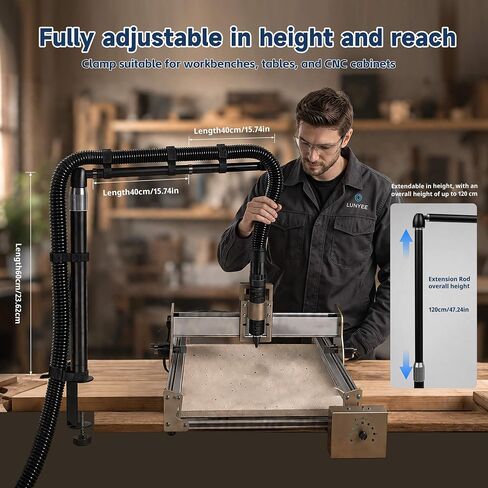 Dust collection boom arm, Adjustable Clamp Mount Hose Holder with 360° Rotatable Swivel Head & Two 40cm Extension Arms for CNC Lathe Woodworking Table Saw Router Table Dust Collection System in Kuwait