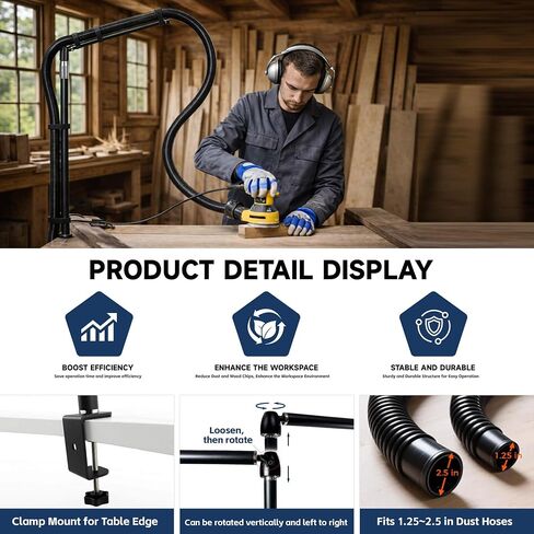 Dust collection boom arm, Adjustable Clamp Mount Hose Holder with 360° Rotatable Swivel Head & Two 40cm Extension Arms for CNC Lathe Woodworking Table Saw Router Table Dust Collection System in Kuwait
