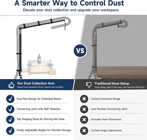 Dust collection boom arm, Adjustable Clamp Mount Hose Holder with 360° Rotatable Swivel Head & Two 40cm Extension Arms for CNC Lathe Woodworking Table Saw Router Table Dust Collection System in Kuwait
