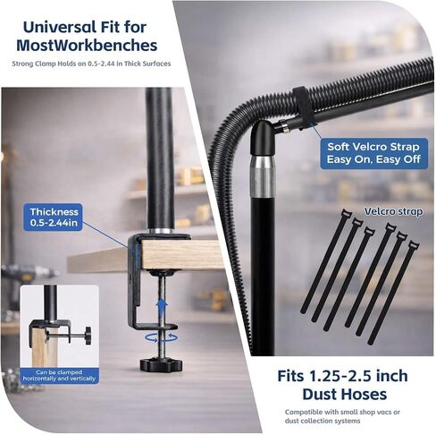 Dust collection boom arm, Adjustable Clamp Mount Hose Holder with 360° Rotatable Swivel Head & Two 40cm Extension Arms for CNC Lathe Woodworking Table Saw Router Table Dust Collection System in Kuwait
