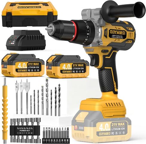 1239In-lbs 21V Brushless Cordless Power Hammer Drill Set with Case | with 2x4.0Ah Batteries & Charger, 1/2" Self-Locking Metal Chuck, 42Pcs Accessory for Drilling Wood Brick Metal Light-Concrete in Kuwait
