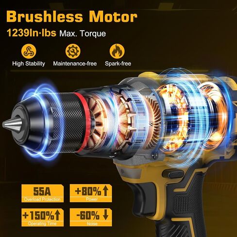 1239In-lbs 21V Brushless Cordless Power Hammer Drill Set with Case | with 2x4.0Ah Batteries & Charger, 1/2" Self-Locking Metal Chuck, 42Pcs Accessory for Drilling Wood Brick Metal Light-Concrete in Kuwait