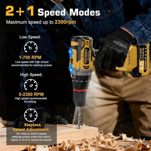 1239In-lbs 21V Brushless Cordless Power Hammer Drill Set with Case | with 2x4.0Ah Batteries & Charger, 1/2" Self-Locking Metal Chuck, 42Pcs Accessory for Drilling Wood Brick Metal Light-Concrete in Kuwait