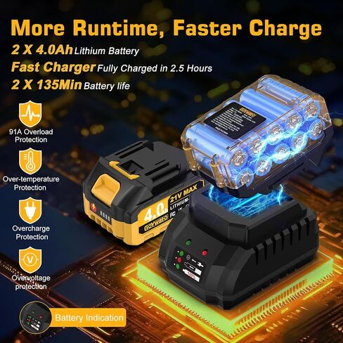 1239In-lbs 21V Brushless Cordless Power Hammer Drill Set with Case | with 2x4.0Ah Batteries & Charger, 1/2" Self-Locking Metal Chuck, 42Pcs Accessory for Drilling Wood Brick Metal Light-Concrete in Kuwait