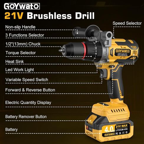 1239In-lbs 21V Brushless Cordless Power Hammer Drill Set with Case | with 2x4.0Ah Batteries & Charger, 1/2" Self-Locking Metal Chuck, 42Pcs Accessory for Drilling Wood Brick Metal Light-Concrete in Kuwait