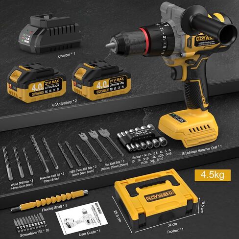 1239In-lbs 21V Brushless Cordless Power Hammer Drill Set with Case | with 2x4.0Ah Batteries & Charger, 1/2" Self-Locking Metal Chuck, 42Pcs Accessory for Drilling Wood Brick Metal Light-Concrete in Kuwait