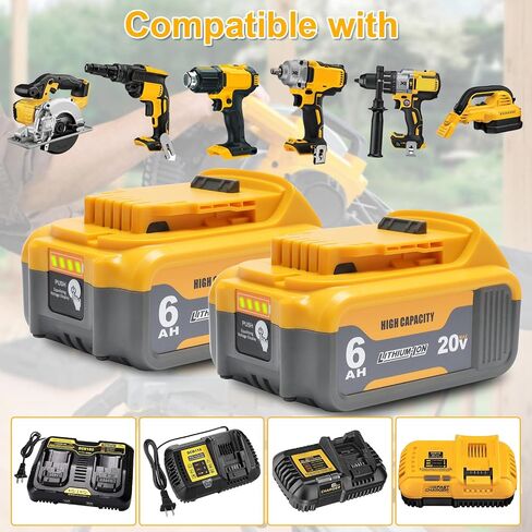 2 Packs 6.0Ah Replacement Battery 20V Max Batteries Compatible with Dewalt | 20 Volt 6000mAh Batteries Compatible with DCB208 DCB207 DCB206 DCB204 DCB203 DCB201 DCB200, Fit for 20V Tools and Chargers in Kuwait