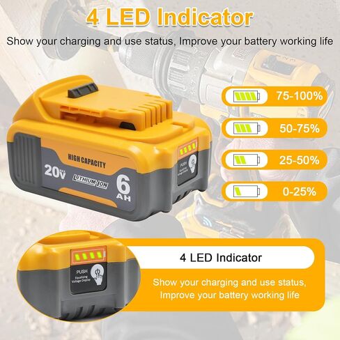 2 Packs 6.0Ah Replacement Battery 20V Max Batteries Compatible with Dewalt | 20 Volt 6000mAh Batteries Compatible with DCB208 DCB207 DCB206 DCB204 DCB203 DCB201 DCB200, Fit for 20V Tools and Chargers in Kuwait