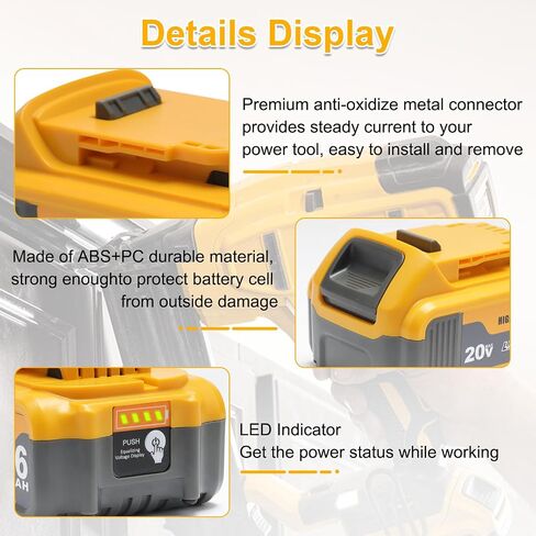 2 Packs 6.0Ah Replacement Battery 20V Max Batteries Compatible with Dewalt | 20 Volt 6000mAh Batteries Compatible with DCB208 DCB207 DCB206 DCB204 DCB203 DCB201 DCB200, Fit for 20V Tools and Chargers in Kuwait