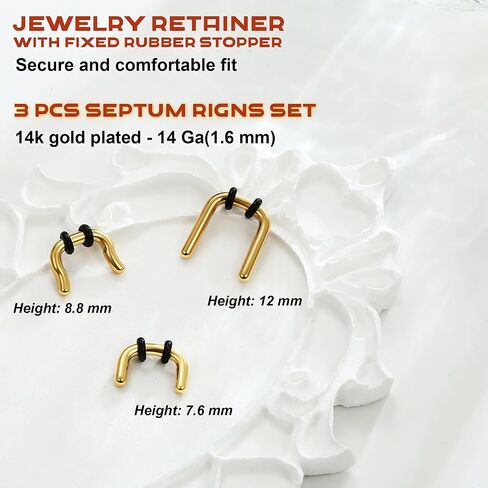 BodyBonita U-Shaped Septum Rings 3Pcs, G23 Titanium Nose Rings Hoops for Women Men, 8/10/12/14/16G Hanger Septum Ring Jewelry Retainer Piercing Jewelry with Fixed Rubber Stopper in Saudi Arabia