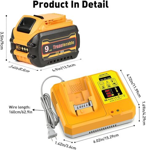Replacement for Dewalt 60V Battery & DCB118 Fast Charger Combo | Delivers 9Ah at 20V / 3Ah at 60V, Compatible with Dewalt 60V Batteries & Cordless Power Tools in Kuwait