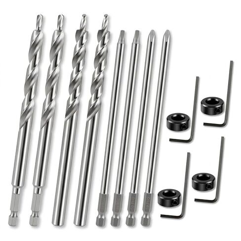 4 Pack 3/8"(9.5mm) Pocket Hole Drill Bit with Depth Stop Collar & SQ2 Driver Bits, Woodworking Pocket Hole Drill Bit Set, 1/4" Hex & Round Shank 6.5" Length Replacement for Pocket Hole Jig Systems in Kuwait