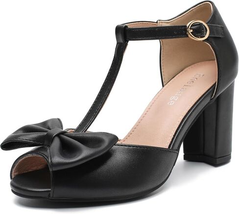 Enelauge Women's T-Strap Bow Mary Jane Pumps Chunky Heel Peep Toe Cute Retro Vintage Style Cut Out Sweet Block Heeled Bride Wedding Party Dress Shoes in Kuwait