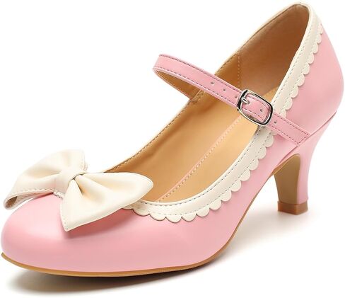 Women's Vintage Mary Jane Kitten Heel Pumps with Bow Round Toe Two Tone Sweet Dress Shoes for Party Date Wedding in Kuwait