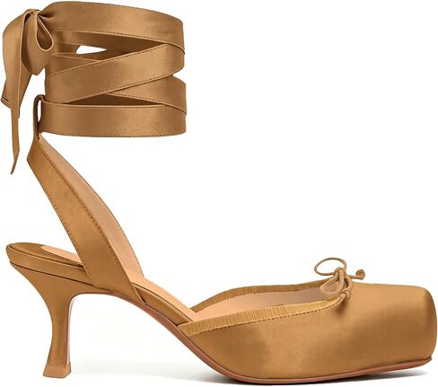 Lace Up Ballet Pumps for Women Kitten Heels Square Closed Toe Pumps Bow Ballerina Slingback Satin Cute Dressy Party Casual in Kuwait