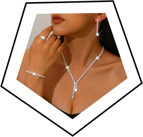 Sparkling Rhinestone Tassels Earrings Necklace Ring Bracelet Set Elegant Crystal Earrings Necklace Bracelet Sets Bridal Wedding Prom Party Costume Jewelry for Women in Saudi Arabia