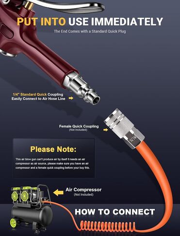 JASTIND Retro Red Air Blow Gun with Silicone Guard Air Nozzle, 150PSI Max | 1/4" NPT Quick Plug, All-Metal Construction, Extra Seal O-Rings, Angle Bent Jet Extension, Use w/ Air Compressor Accessories in Kuwait