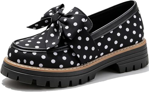 Women Polka Dots Chunky Platform Loafers with Cute Bow Elegant Round Toe Block Heel Non-Slip Slip-On Dress Shoes for Business Birthday Party Office Everyday Casual Work School Shoes in Kuwait