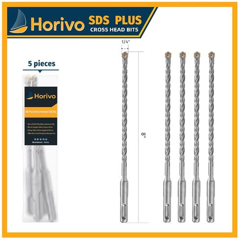 5-Pack 1/4" x 8" SDS Plus Rotary Hammer Drill Bits, Carbide Cross Tip Concrete Drill Bit Set for Masonry, Brick, Stone, Heavy Duty Slotted Drive System Bits in Kuwait