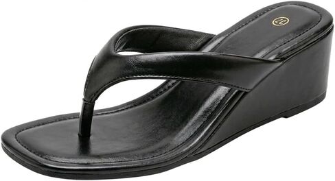 Women'S Pu Wedge Flip Flops Comfortable Square Open Toe Slip On Anti Slip Chunky Heel Light Beach Thong Slippers For Vacation Beach Relaxation Stroll in Kuwait