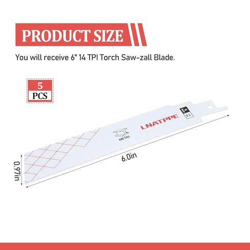 Reciprocating Saw Blade for 48-00-5782 6" 14 TPI The Torch Sawzall | Reciprocating Saw Blade Blade Shatter Resistant Bi-Metal Construction For Cuts Pipe, Channels, Tubing 5 Count in Kuwait