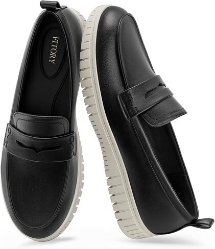 FITORY Loafers for Women Dress Shoes Slip On Platform Flats Work Walking | Penny Loafers Comfortable Dressy Business Casual for Office Non Slip Wide Width Chunky Vegan Leather Faux Suede in Kuwait