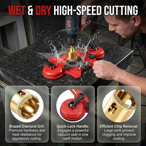 Diamond Hole Saw Kit, 10 Pcs Tile Hole Saw Kit with Double Suction Cup Guide, 6-45 mm Dry/Wet Drill Bits Set for Ceramic, Glass, Porcelain, Marble, Granite. in Kuwait