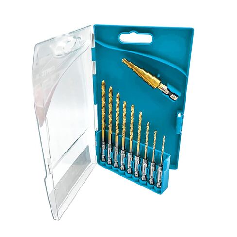 Hex Shank Drill Bit Set - 10 Pcs HSS Titanium Twist Drill Bit for Metal, Steel, Wood and Plastic, 1/4 inch Hex Shank, 1/16"-3/16" Drill Bits Jobber Length with 3/16" to 1/2" Step Drill Bit in Kuwait