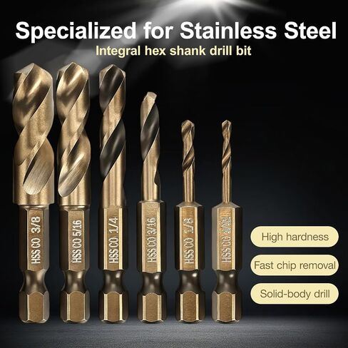 M35 Cobalt Stubby Drill Bits, 6Pcs 1/4" Hex Shank Short Metal Drill Bits | Cobalt Drill Bit Set, Sizes 3/32"–1/8"–3/16"–1/4"–5/16"–3/8", for Hardened Steel Carbide Wood & Plastic in Kuwait