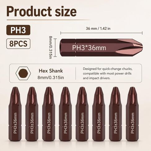 8 PCS PH3 Impact Bit 5/16 Hex Bit 36mm Length Impact Screwdriver Bits S2 Alloy Steel in Kuwait