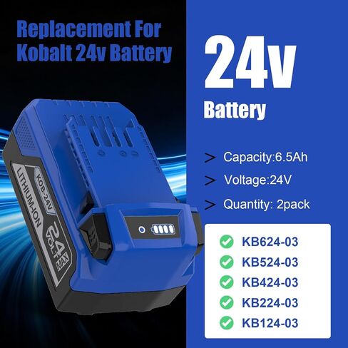 2 Pack 6.5Ah KB424-03 Replacement for Kobalt 24v Battery KB624-03 KB524-03 KB424-03 KB224-03 KB124-03 Compatible with Kobalt 24v Tools in Kuwait