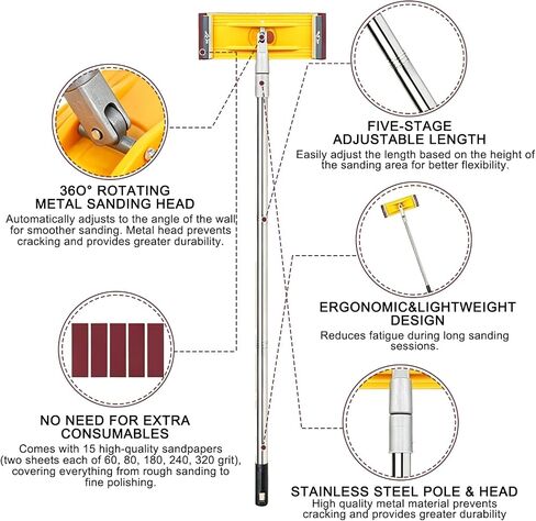 Drywall Pole Sander, Manual Hand Sanding Pole with Adjustable Extension Pole, Wall Sander for Ceilings & Walls, Includes 10pcs Sanding Sheets (60, 80, 180, 240, 320Grit) in Kuwait