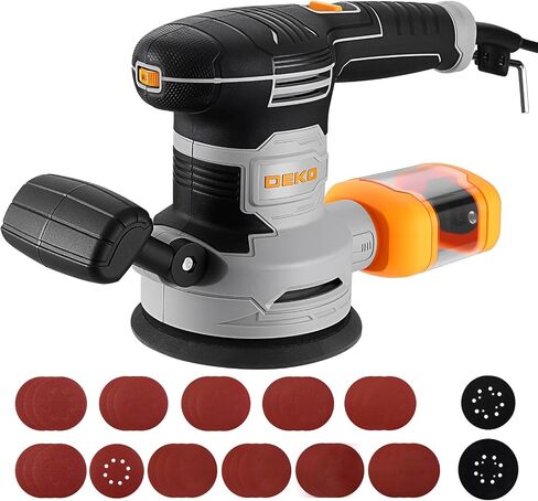 Random Orbital Sander: DEKOPRO 4.5A Corded Electric Sander Palm Sanders, 6 Various Speeds Hand Sander with Replaceable Sander Pad, Dust Box, 31Pcs Sandpapers for Woodworking & Sanding in Kuwait