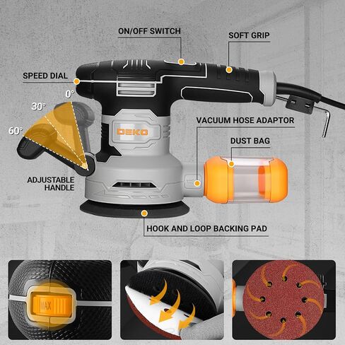 Random Orbital Sander: DEKOPRO 4.5A Corded Electric Sander Palm Sanders, 6 Various Speeds Hand Sander with Replaceable Sander Pad, Dust Box, 31Pcs Sandpapers for Woodworking & Sanding in Kuwait