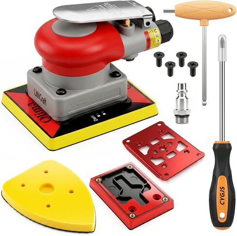 3-in-1Pneumatic Random Orbital Palm Sander, 4 x 4.3 in Air Square Sander, 10000 RPM, with 3 x 4 in Square panels and Triangle Detail Panel for Right-Angle Edges, Woodworking, Metal in Kuwait