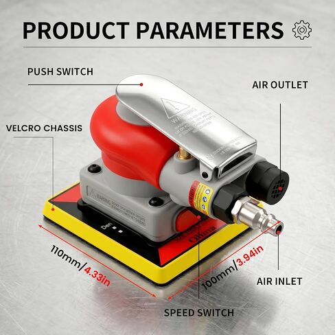 3-in-1Pneumatic Random Orbital Palm Sander, 4 x 4.3 in Air Square Sander, 10000 RPM, with 3 x 4 in Square panels and Triangle Detail Panel for Right-Angle Edges, Woodworking, Metal in Kuwait
