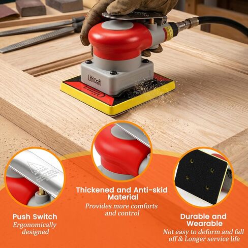 3-in-1Pneumatic Random Orbital Palm Sander, 4 x 4.3 in Air Square Sander, 10000 RPM, with 3 x 4 in Square panels and Triangle Detail Panel for Right-Angle Edges, Woodworking, Metal in Kuwait