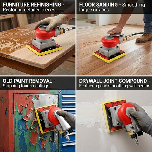 3-in-1Pneumatic Random Orbital Palm Sander, 4 x 4.3 in Air Square Sander, 10000 RPM, with 3 x 4 in Square panels and Triangle Detail Panel for Right-Angle Edges, Woodworking, Metal in Kuwait