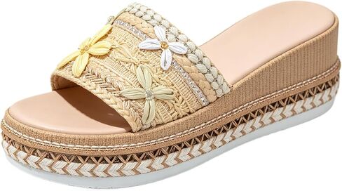 Espadrille Platform Sandals for Women, Decorative Floral Embellishment and Boho Woven Detail Womens Slides in Kuwait