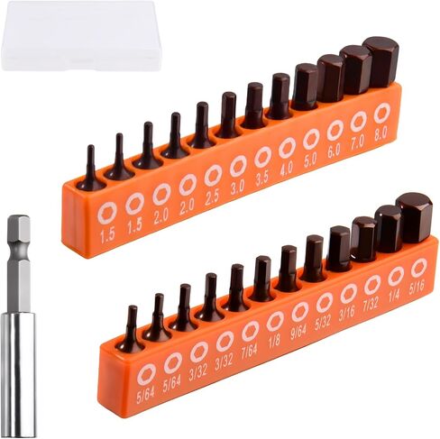 24 PCS Impact Hex Head Allen Wrench Drill Bit Set(Metric & SAE), 1/4" Hexs Shank S2 Steel Hex Bits Set, Strong Magnetic Tip, 1" Long with Extension Bit Holder for Car Furniture DIY Home Repair in Kuwait