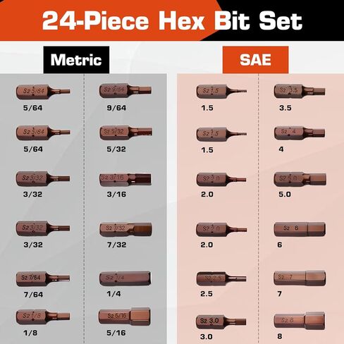 24 PCS Impact Hex Head Allen Wrench Drill Bit Set(Metric & SAE), 1/4" Hexs Shank S2 Steel Hex Bits Set, Strong Magnetic Tip, 1" Long with Extension Bit Holder for Car Furniture DIY Home Repair in Kuwait