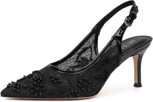 Slingback Wedding Heels for Women Bridal Lace Pearl Kitten Heel Mesh Closed Pointed Toe Pumps Shoes in Kuwait