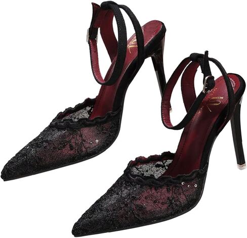 GORGLITTER Women's Lace High Heels Pointed Closed Toe Stilettos Pumps Trendy Ankle Strap Wedding Party Dress Shoes in Kuwait