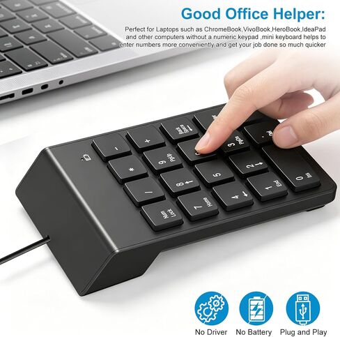 USB Numeric Keypad Numpad Portable Slim Mini Number Pad Keyboard for Laptop Desktop Computer PC, ChromBook, Surface Pro Notebook, Tax Number Calculate, Office Travel & Home NK859-18 Key Black in Saudi Arabia