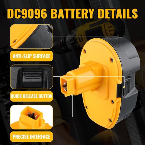 DC9096 4.8Ah Ni-MH Replacement for Dewalt Battery DC9098 DC9099 DE9098 | Compatible with DE9095/9039/9503, no memory effect, overcharge/short-circuit protected, fit 18v tools and chargers in Kuwait