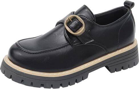 Women's Leather Chunky Platform Loafers Buckle Detail Comfortable Slip-On Non-Slip Lug Sole Dress Shoes for Fall Office Casual Daily Wear in Kuwait