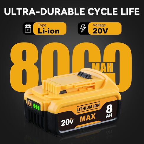 DCB200 8.0Ah 2-Pack Rechargeable Replacement for Dewalt 20V Max Battery | Compatible with DCB201/203/204/206/207, LED fuel gauge, overcharge & short-circuit protection, 1-year warranty in Kuwait