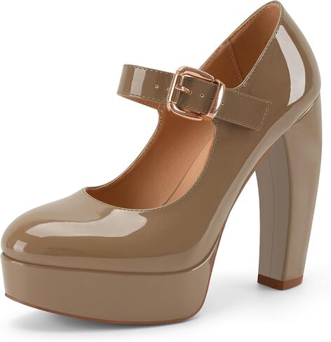 Women's Mary Jane Chunky Platform Heels Round Closed Toe Pumps | 5 Inch Patent Leather Block High Heels,Comfort Casual Dress Work School Spring Summer Fall Winter Platform Mary Janes Shoes in Kuwait